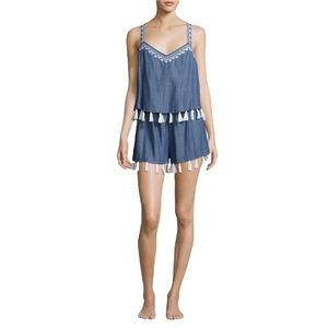 Shoshanna Swimwear Blue & White Embroidered Tassel Romper Shorts Cover U…